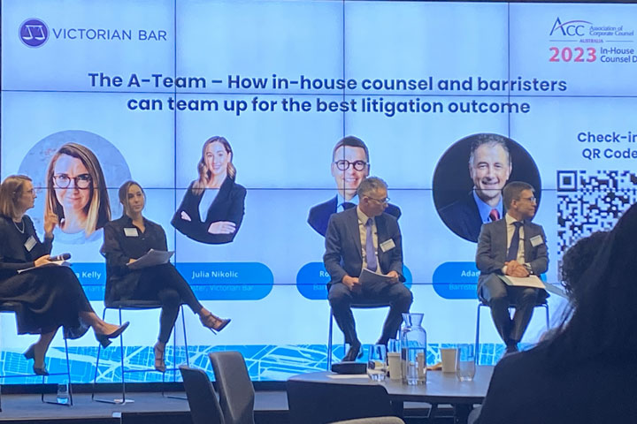 ACC In-House Counsel Day: The A-Team – how in-house counsel and barristers can team up for the best litigation outcome. Speakers: Robert Health KC Rebecca Kelly Julia Nikolic Adam Rollnik – Victorian Bar
