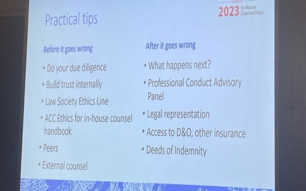 Ethical Conundrums: Ethics and Professional Duties for In-House Counsel Justin Coss, GC at Noumi, Jon Downes, GC at Minter Ellison, and Linden Barnes, Senior Ethics Solicitor at Law Society of NSW